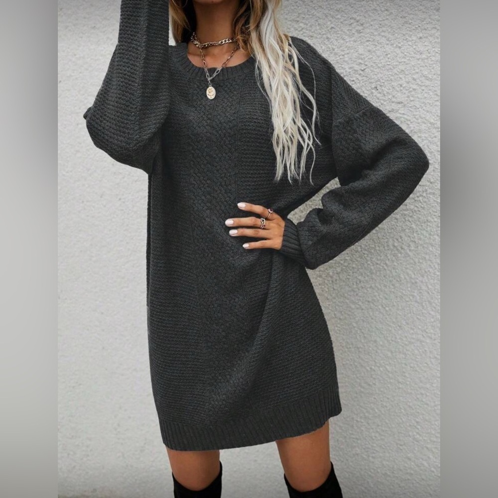 Gray Knit Loose Fit Sweater Dress